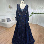 Serene Hill Dubai Blue Mermaid Deep-V Crystal Sexy Long Sleeves Luxury Party Dresses Formal Women Evening 2024 Plus Size LA70223