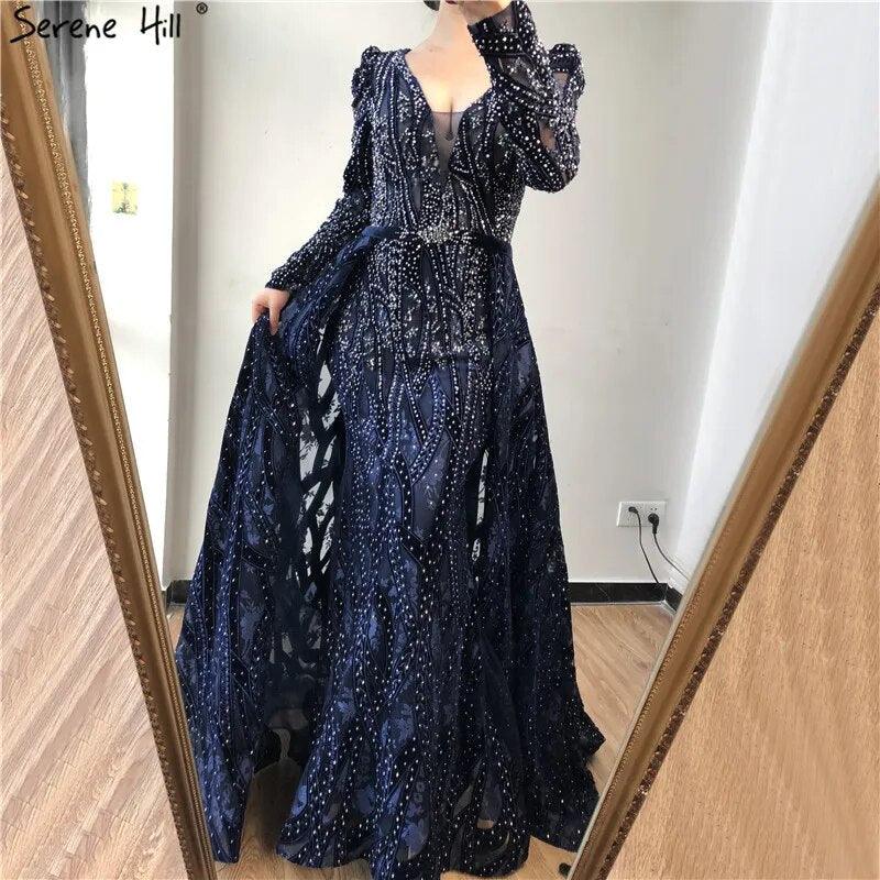 Serene Hill Dubai Blue Mermaid Deep-V Crystal Sexy Long Sleeves Luxury Party Dresses Formal Women Evening 2024 Plus Size LA70223