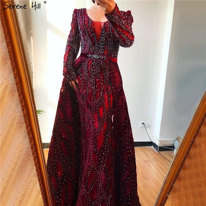 Serene Hill Dubai Blue Mermaid Deep-V Crystal Sexy Long Sleeves Luxury Party Dresses Formal Women Evening 2024 Plus Size LA70223