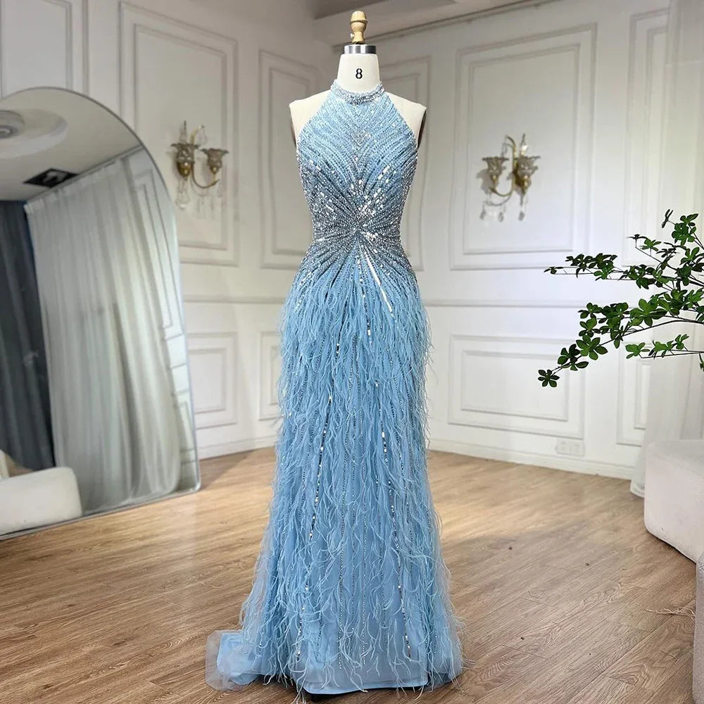 Federn Meerjungfrau Silbergraues Abendkleid Festliches Partykleid LA70623A
