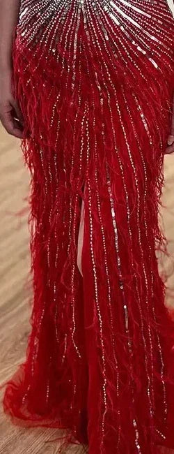 Federn Meerjungfrau Silbergraues Abendkleid Festliches Partykleid LA70623A