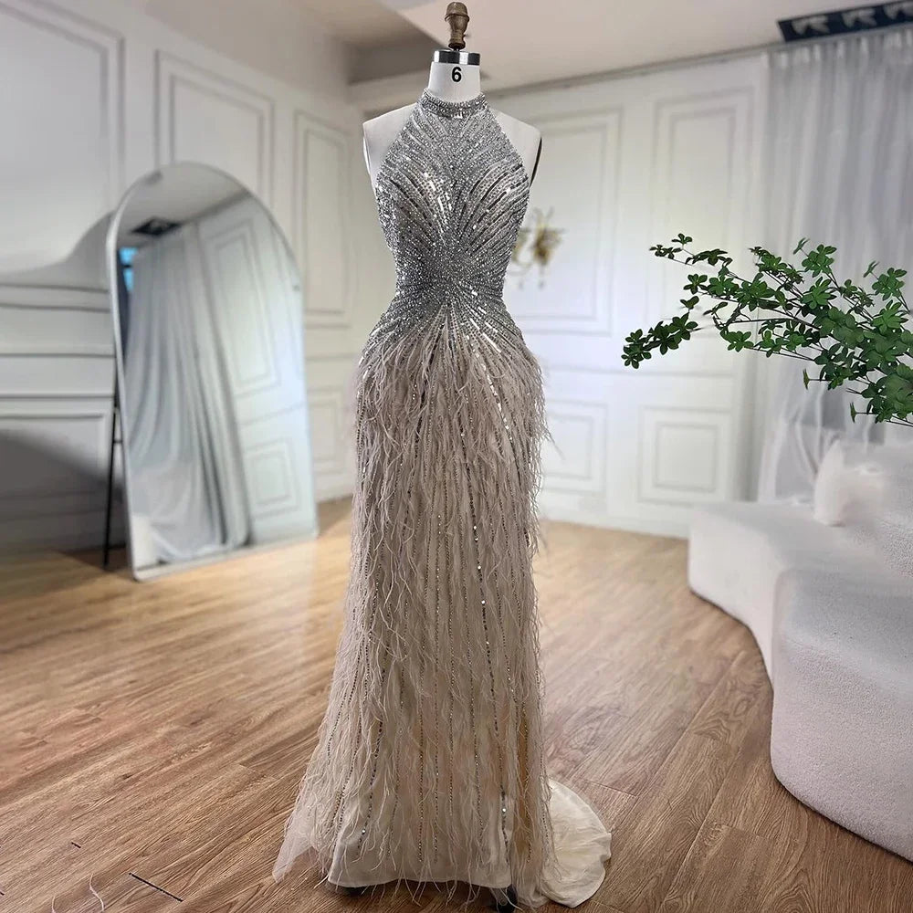Federn Meerjungfrau Silbergraues Abendkleid Festliches Partykleid LA70623A