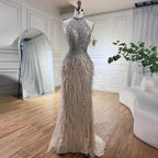 Federn Meerjungfrau Silbergraues Abendkleid Festliches Partykleid LA70623A