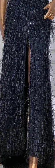 Federn Meerjungfrau Silbergraues Abendkleid Festliches Partykleid LA70623A
