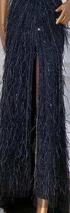 Federn Meerjungfrau Silbergraues Abendkleid Festliches Partykleid LA70623A