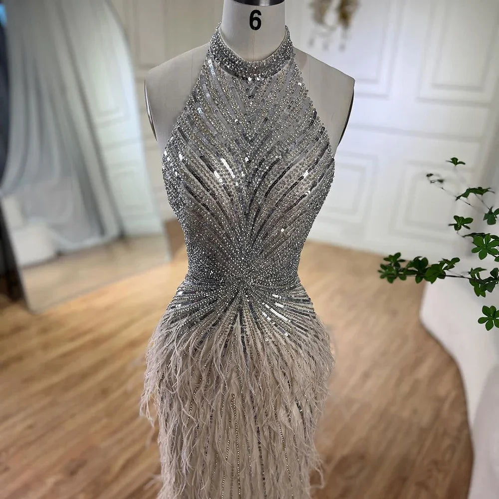 Federn Meerjungfrau Silbergraues Abendkleid Festliches Partykleid LA70623A