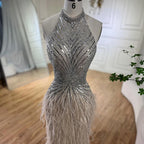 Federn Meerjungfrau Silbergraues Abendkleid Festliches Partykleid LA70623A