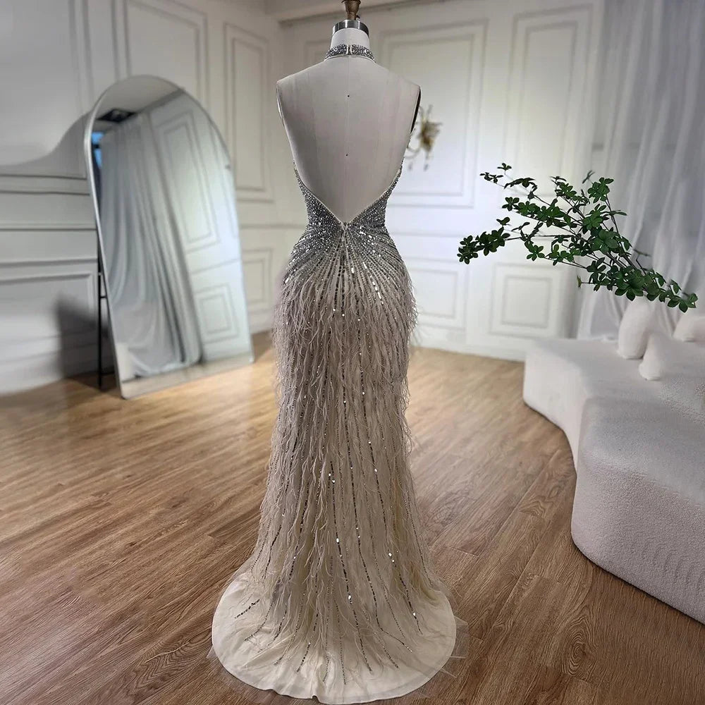 Federn Meerjungfrau Silbergraues Abendkleid Festliches Partykleid LA70623A