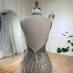 Federn Meerjungfrau Silbergraues Abendkleid Festliches Partykleid LA70623A