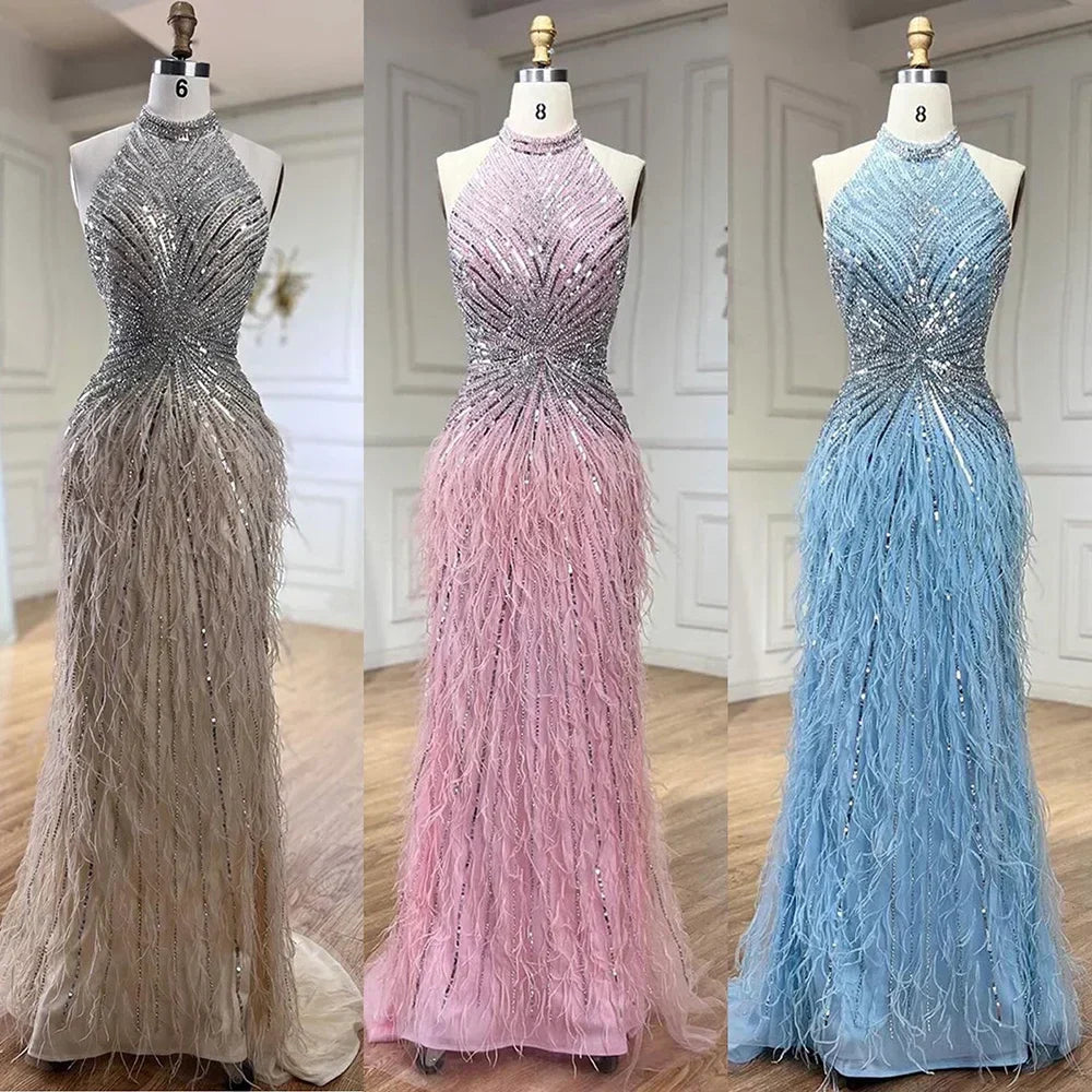 Federn Meerjungfrau Silbergraues Abendkleid Festliches Partykleid LA70623A