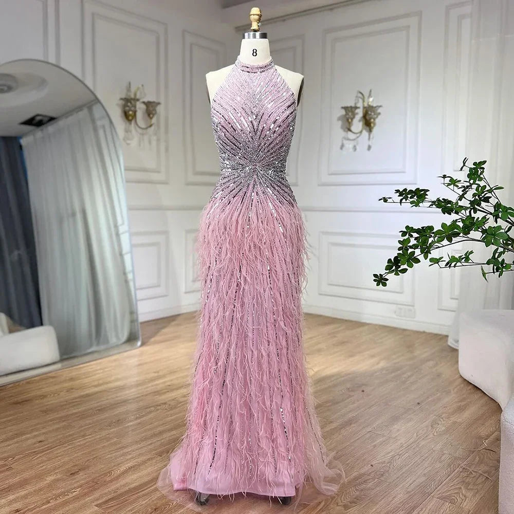 Federn Meerjungfrau Silbergraues Abendkleid Festliches Partykleid LA70623A