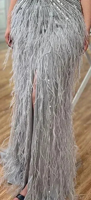 Federn Meerjungfrau Silbergraues Abendkleid Festliches Partykleid LA70623A
