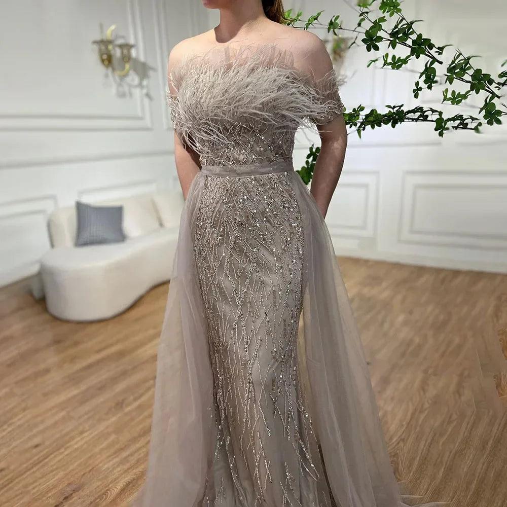 Serene Hill Dubai Luxury Beaded  Blue Mermaid Elegant Overskirt Evening Dresses Gowns For Women Wedding Party LA71634