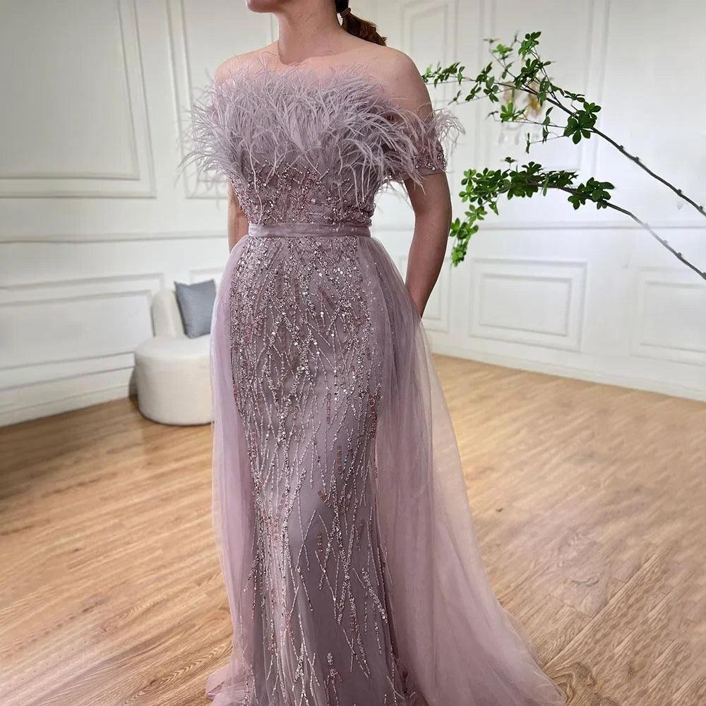 Serene Hill Dubai Luxury Beaded  Blue Mermaid Elegant Overskirt Evening Dresses Gowns For Women Wedding Party LA71634