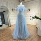 Serene Hill Dubai Luxury Beaded  Blue Mermaid Elegant Overskirt Evening Dresses Gowns For Women Wedding Party LA71634