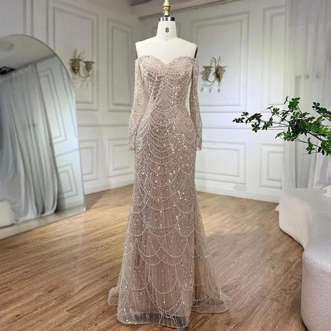 Serene Hill Dubai Nude Elegant Mermaid Arabia Luxury Beaded Evening Dresses Gowns 2024 For Women Wedding Party LA72243