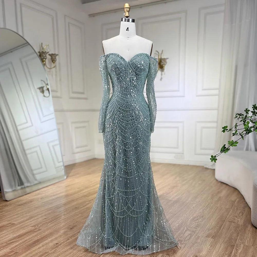 Serene Hill Dubai Nude Elegant Mermaid Arabia Luxury Beaded Evening Dresses Gowns 2024 For Women Wedding Party LA72243