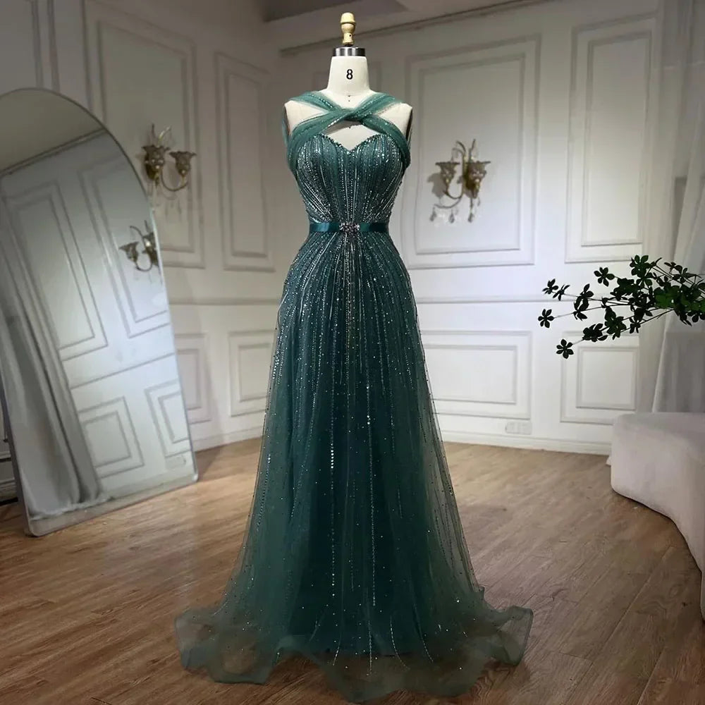 Serene Hill Dubai Turquoise Spaghetti Strap Mermaid Luxury Beaded Evening Dresses Gowns For Women Wedding Party