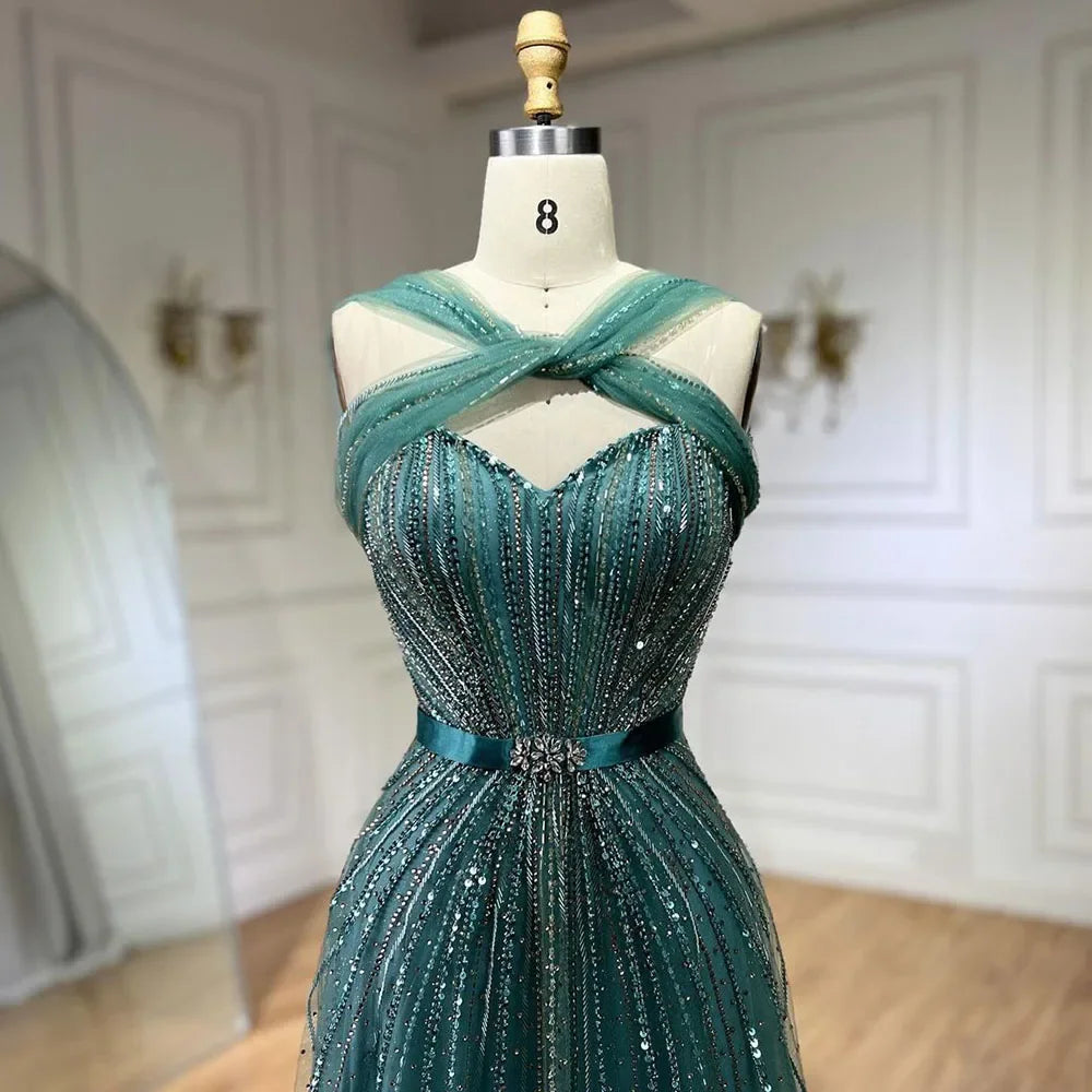 Serene Hill Dubai Turquoise Spaghetti Strap Mermaid Luxury Beaded Evening Dresses Gowns For Women Wedding Party 2025 LA72322 gray / 6
