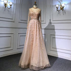 Serene Hill Gold Luxury A-Line Evening O-Neck Dresses Gowns 2024 Beading Spaghetti Strap Sexy For Women Party LA71378L