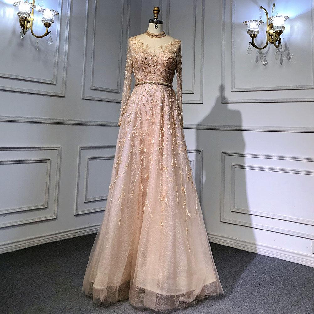 Serene Hill Gold Luxury A-Line Evening O-Neck Dresses Gowns 2024 Beading Spaghetti Strap Sexy For Women Party LA71378L