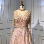 Serene Hill Gold Luxury A-Line Evening O-Neck Dresses Gowns 2024 Beading Spaghetti Strap Sexy For Women Party LA71378L