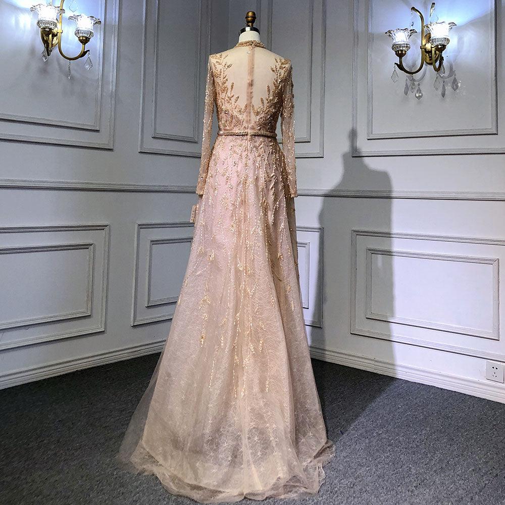 Serene Hill Gold Luxury A-Line Evening O-Neck Dresses Gowns 2024 Beading Spaghetti Strap Sexy For Women Party LA71378L