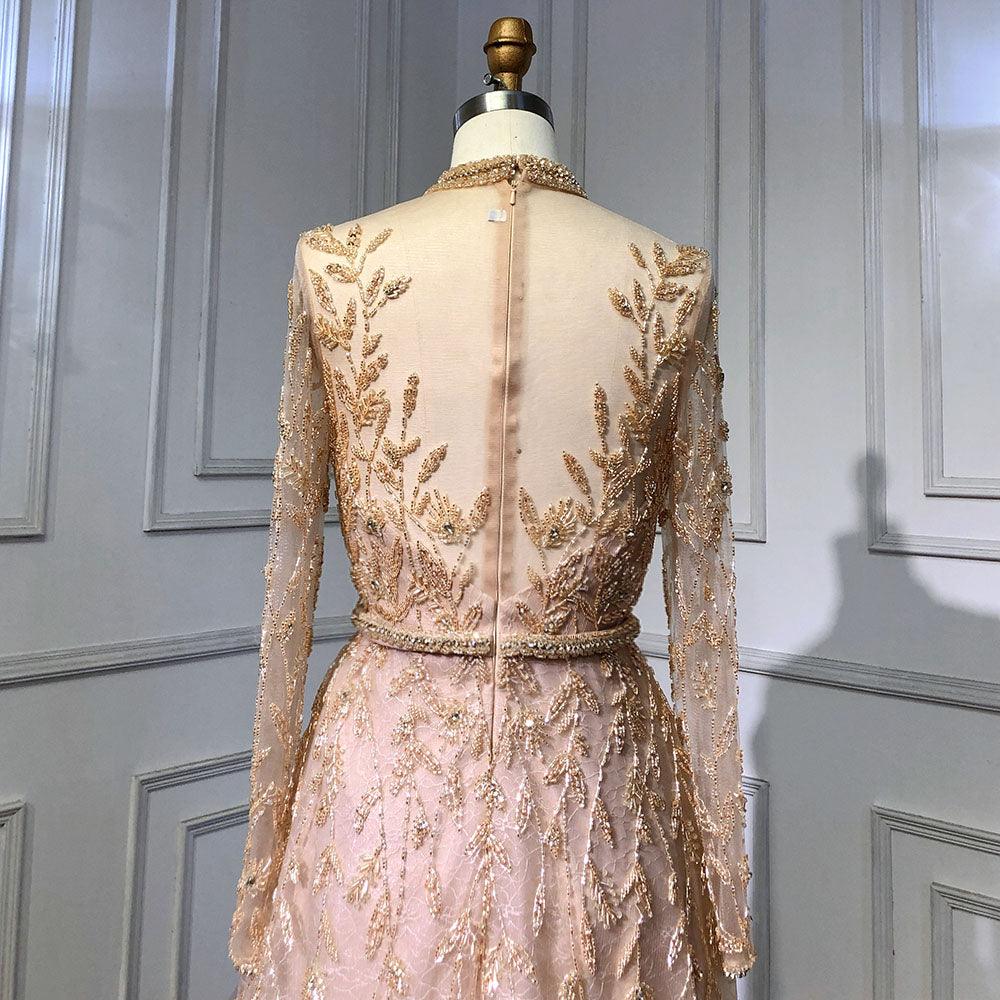 Serene Hill Gold Luxury A-Line Evening O-Neck Dresses Gowns 2024 Beading Spaghetti Strap Sexy For Women Party LA71378L