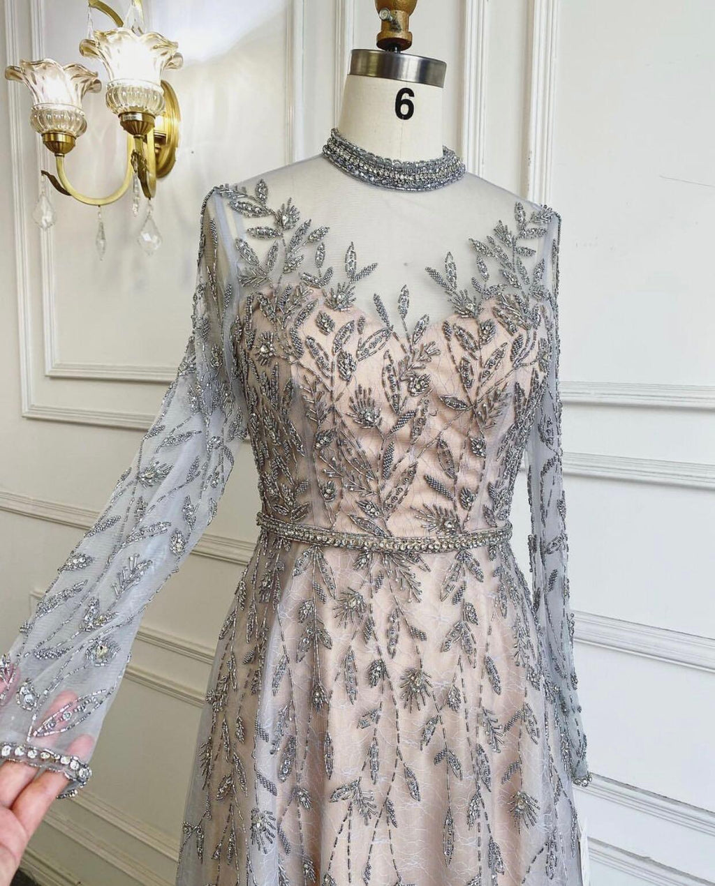 Serene Hill Gold Luxury A-Line Evening O-Neck Dresses Gowns 2024 Beading Spaghetti Strap Sexy For Women Party LA71378L