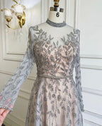 Serene Hill Gold Luxury A-Line Evening O-Neck Dresses Gowns 2024 Beading Spaghetti Strap Sexy For Women Party LA71378L