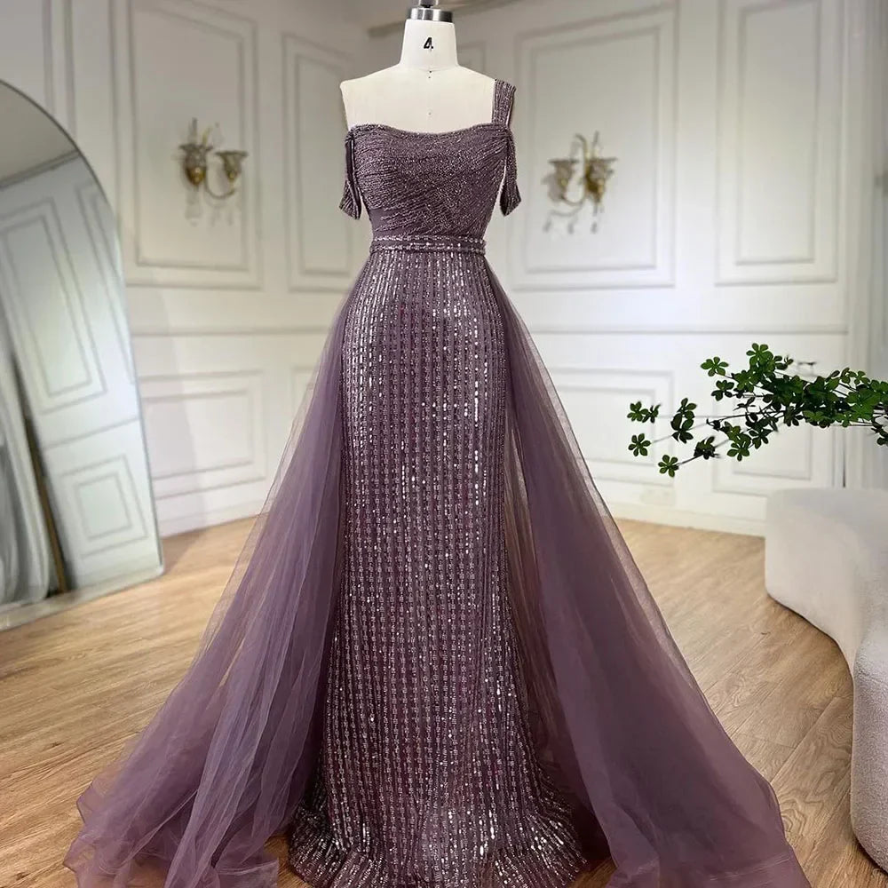 Serene Hill Gold Meerjungfrau Elegant One Shoulder Überrock Perlen Luxus Abendkleider Roben 2025 für Damen Hochzeitsfeier