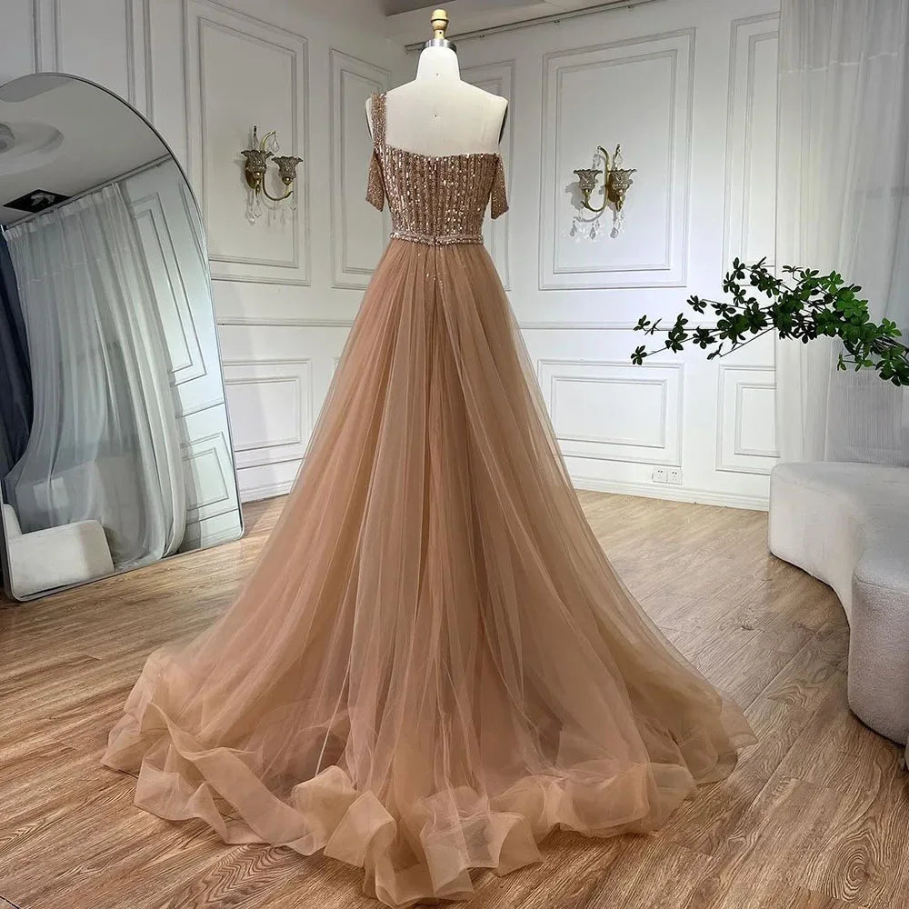 Serene Hill Gold Meerjungfrau Elegant One Shoulder Überrock Perlen Luxus Abendkleider Roben 2025 für Damen Hochzeitsfeier