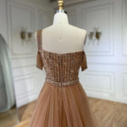 Serene Hill Gold Meerjungfrau Elegant One Shoulder Überrock Perlen Luxus Abendkleider Roben 2025 für Damen Hochzeitsfeier