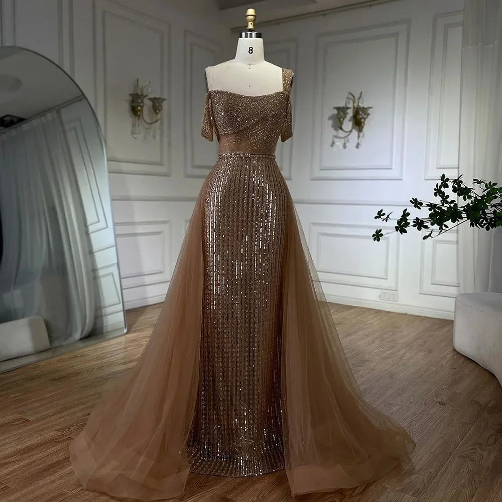Serene Hill Gold Meerjungfrau Elegant One Shoulder Überrock Perlen Luxus Abendkleider Roben 2025 für Damen Hochzeitsfeier