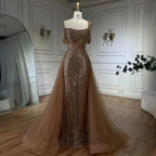 Serene Hill Gold Meerjungfrau Elegant One Shoulder Überrock Perlen Luxus Abendkleider Roben 2025 für Damen Hochzeitsfeier