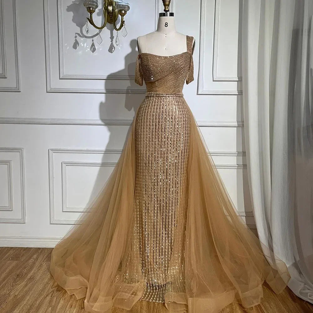 Serene Hill Gold Meerjungfrau Elegant One Shoulder Überrock Perlen Luxus Abendkleider Roben 2025 für Damen Hochzeitsfeier