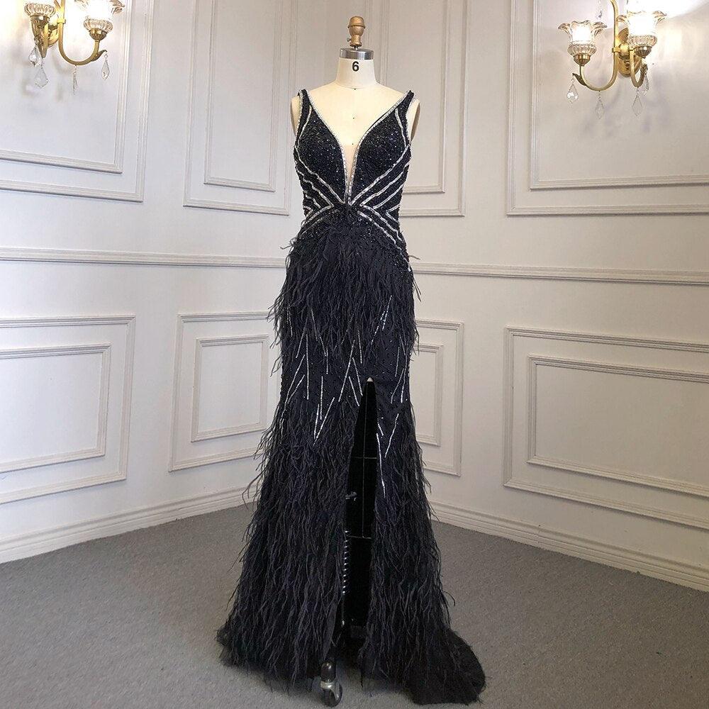Serene Hill Gold Sexy High Split Mermaid Evening Dresses Gowns Backless Luxury Beaded Feather 2024 For Women Party LA71583