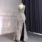 Serene Hill Gold Sexy High Split Mermaid Evening Dresses Gowns Backless Luxury Beaded Feather 2024 For Women Party LA71583