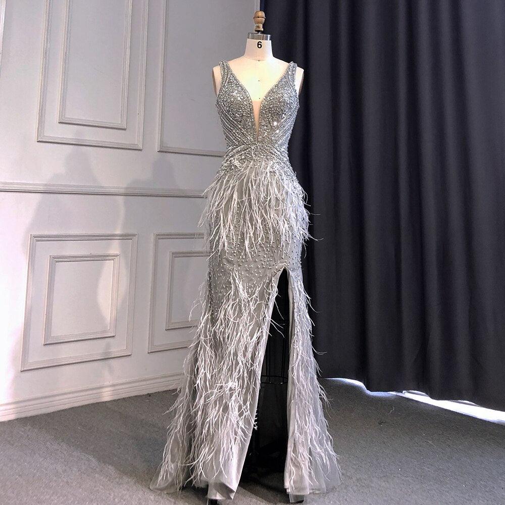 Serene Hill Gold Sexy High Split Mermaid Evening Dresses Gowns Backless Luxury Beaded Feather 2024 For Women Party LA71583