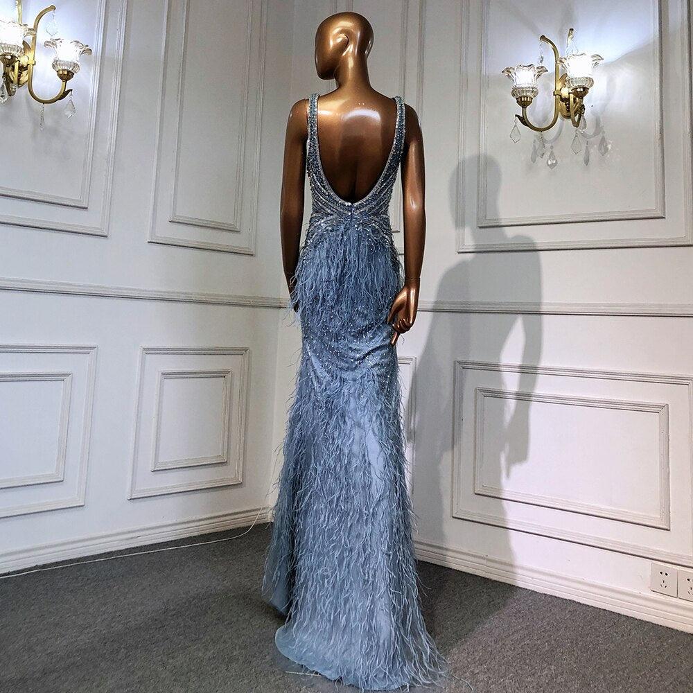 Serene Hill Gold Sexy High Split Mermaid Evening Dresses Gowns Backless Luxury Beaded Feather 2024 For Women Party LA71583