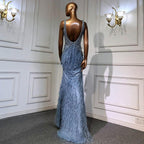 Serene Hill Gold Sexy High Split Mermaid Evening Dresses Gowns Backless Luxury Beaded Feather 2024 For Women Party LA71583
