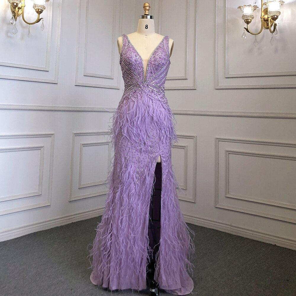 Serene Hill Gold Sexy High Split Mermaid Evening Dresses Gowns Backless Luxury Beaded Feather 2024 For Women Party LA71583