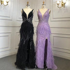 Serene Hill Gold Sexy High Split Mermaid Evening Dresses Gowns Backless Luxury Beaded Feather 2024 For Women Party LA71583