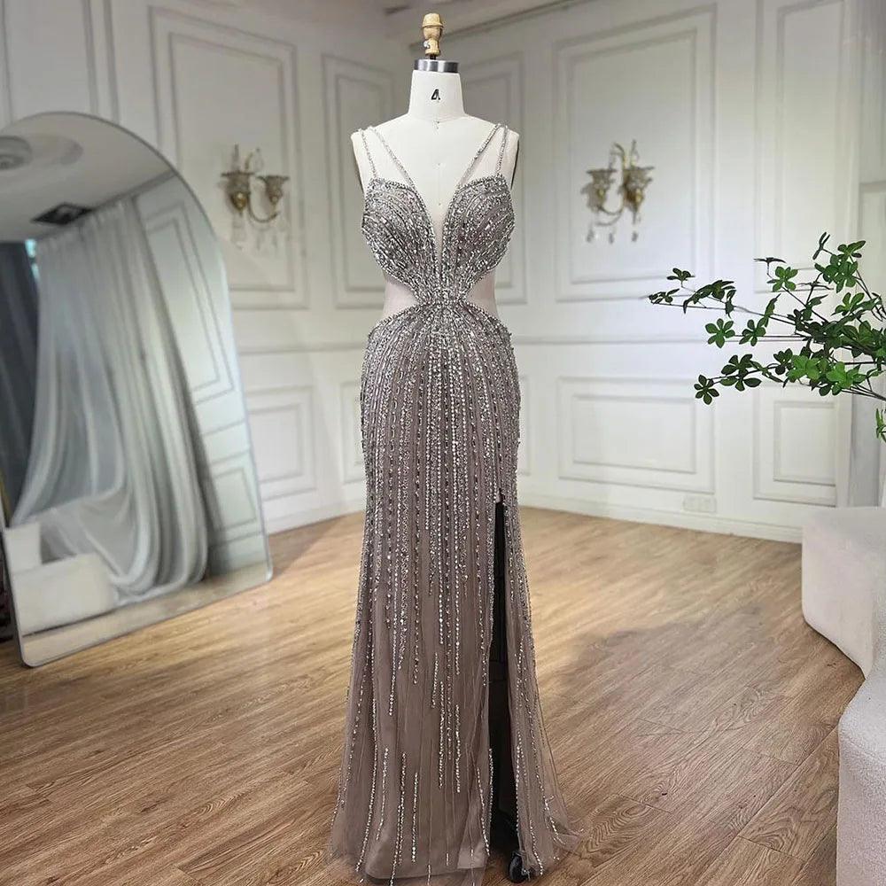 Serene Hill Blue Cut Out Spaghetti Straps Elegant Mermaid Evening Dresses Gowns Luxury Beaded For Woman Party 2024 LA72305