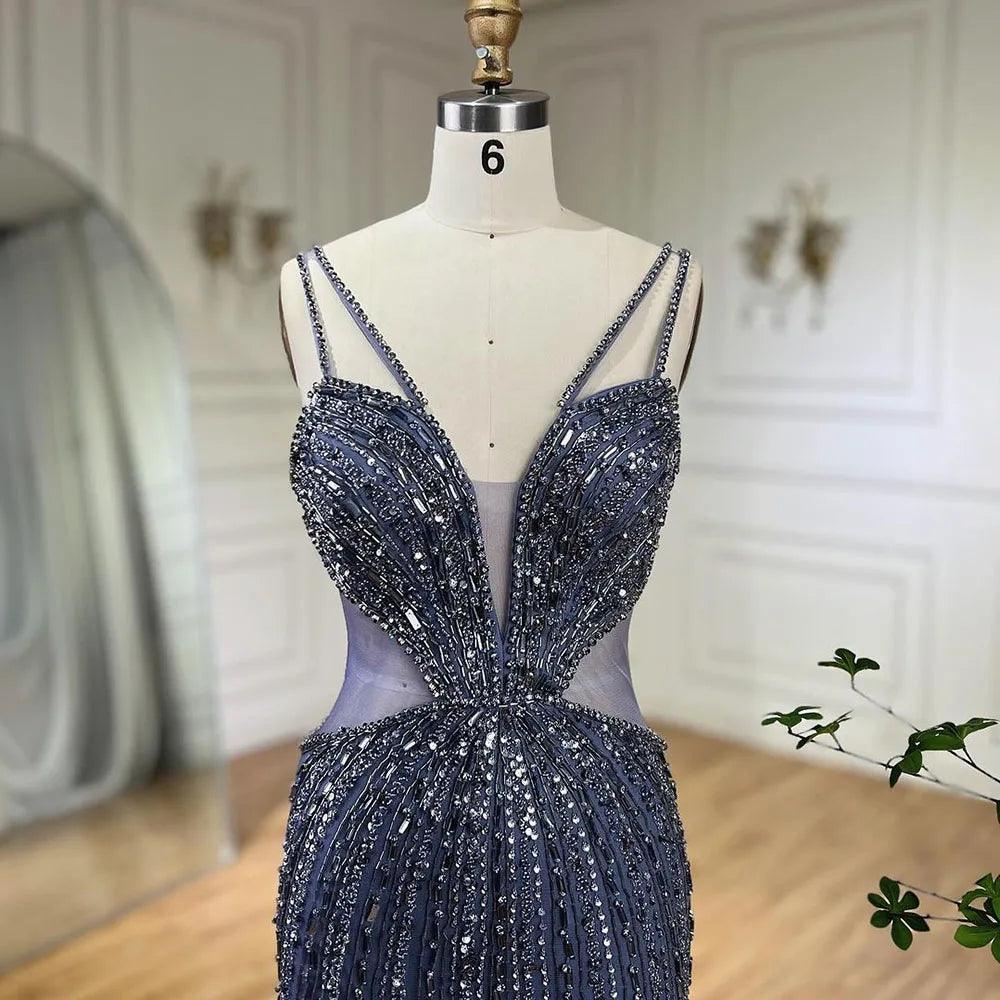 Serene Hill Blue Cut Out Spaghetti Straps Elegant Mermaid Evening Dresses Gowns Luxury Beaded For Woman Party 2024 LA72305