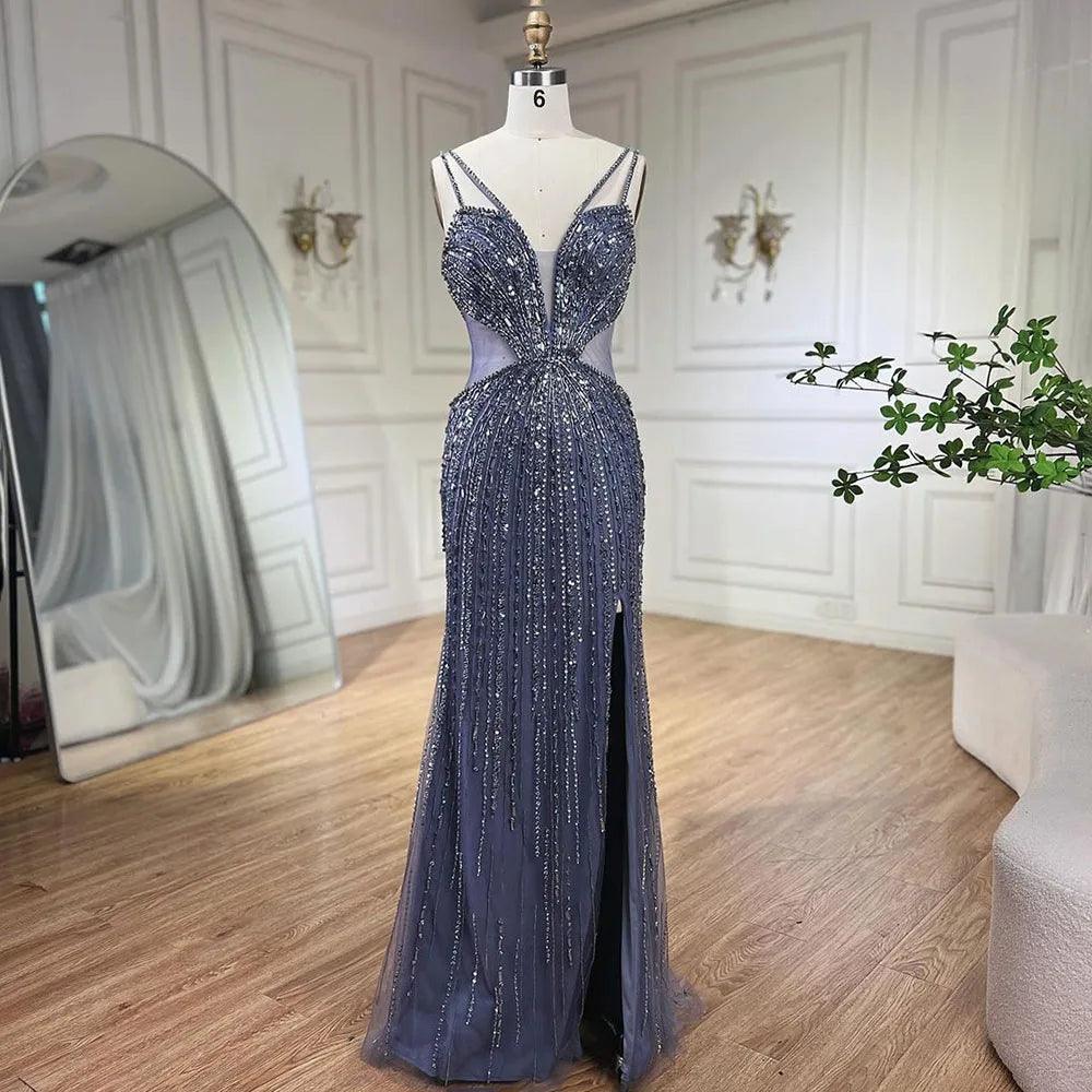 Serene Hill Blue Cut Out Spaghetti Straps Elegant Mermaid Evening Dresses Gowns Luxury Beaded For Woman Party 2024 LA72305