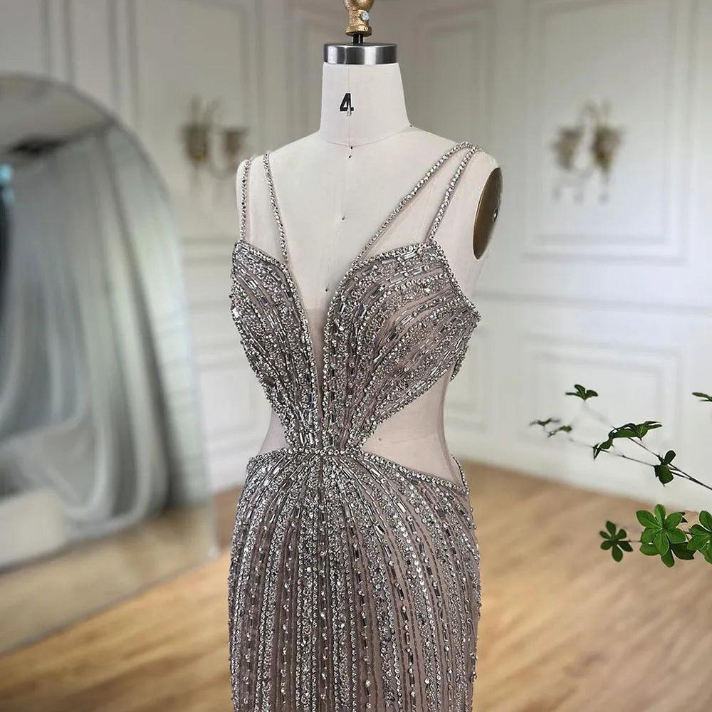 Serene Hill Blue Cut Out Spaghetti Straps Elegant Mermaid Evening Dresses Gowns Luxury Beaded For Woman Party 2024 LA72305
