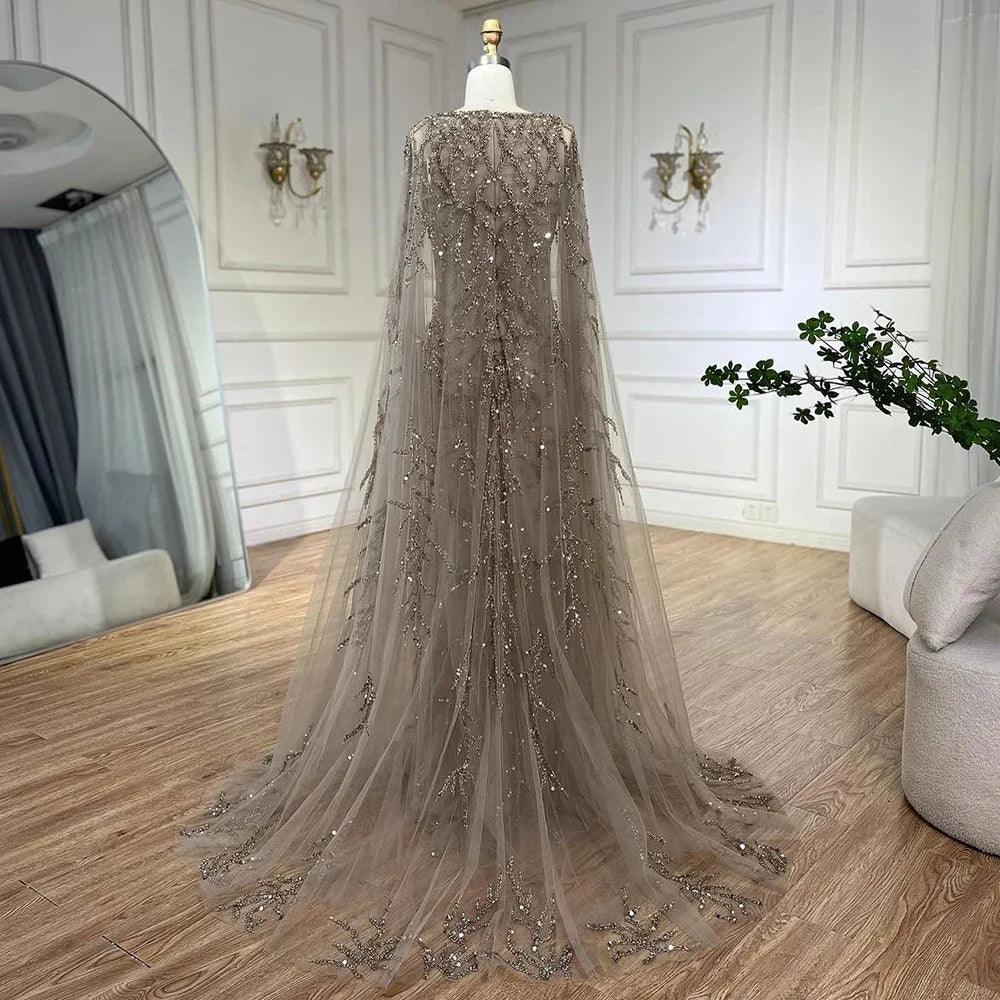Serene Hill Gray Mermaid Arabic Evening Dresses Gowns Elegant Cape Sleeves Luxury Beaded 2024 For Women Wedding Party LA72149