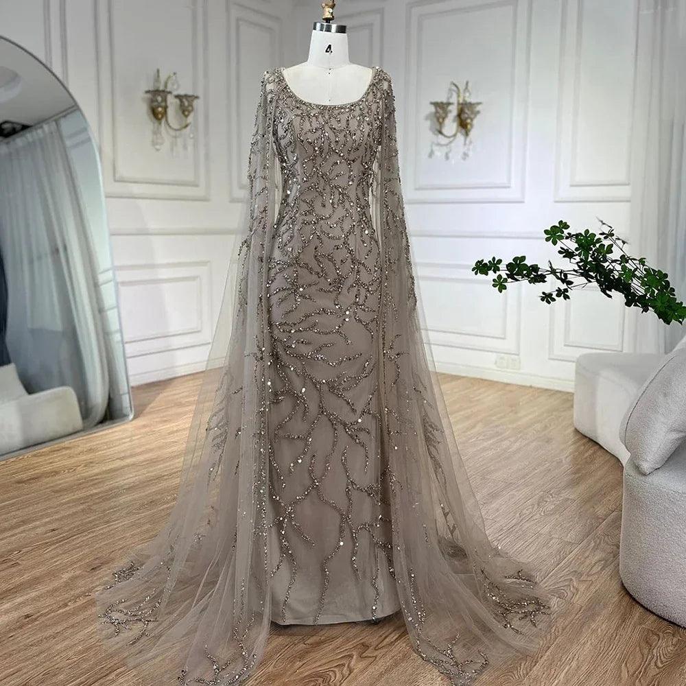 Serene Hill Gray Mermaid Arabic Evening Dresses Gowns Elegant Cape Sleeves Luxury Beaded 2024 For Women Wedding Party LA72149