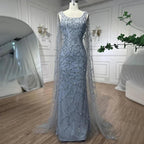 Serene Hill Gray Mermaid Arabic Evening Dresses Gowns Elegant Cape Sleeves Luxury Beaded 2024 For Women Wedding Party LA72149